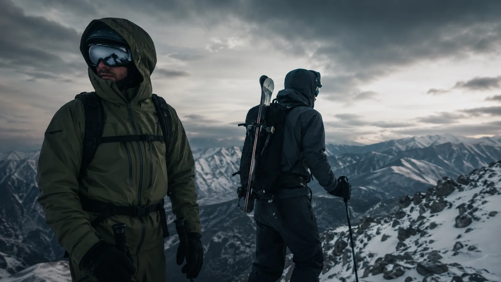 Two technical mountain users on a winter ridge