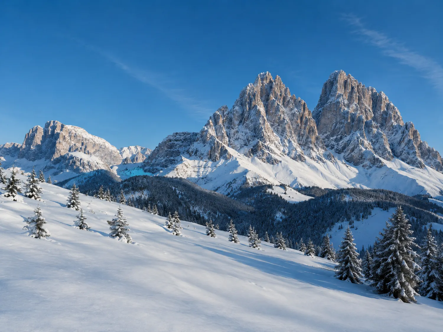 Snow field and Dolomites peaks in winter light