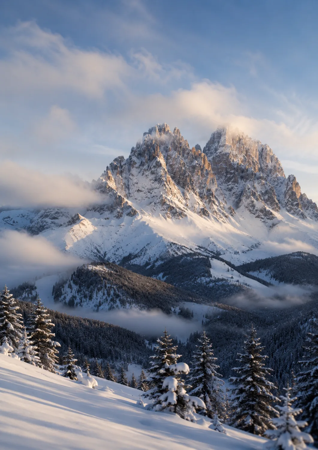 Dolomites peaks wrapped in winter cloud